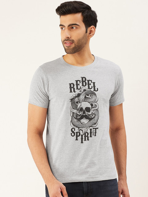 

THE CHAMBAL Men Grey Melange & Black Printed Round Neck T-shirt