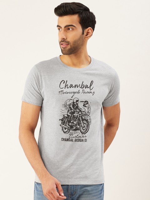 

THE CHAMBAL Men Grey Melange & Black Biker Print Round Neck Bio-Wash T-shirt