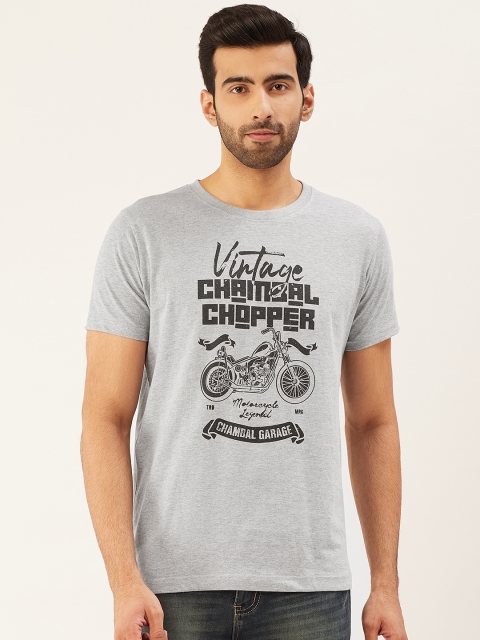 

THE CHAMBAL Men Grey Melange & Black Printed Round Neck T-shirt