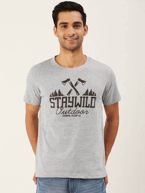 

THE CHAMBAL Men Grey Melange typography Print Round Neck Bio-Wash T-shirt