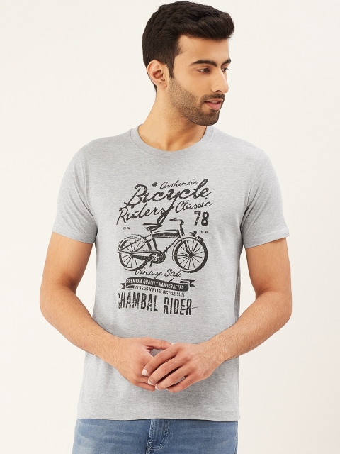 

THE CHAMBAL Men Grey Melange & Black Printed Round Neck T-shirt