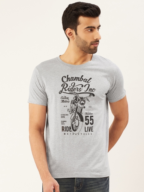 

THE CHAMBAL Men Grey Melange & Black Printed Round Neck T-shirt