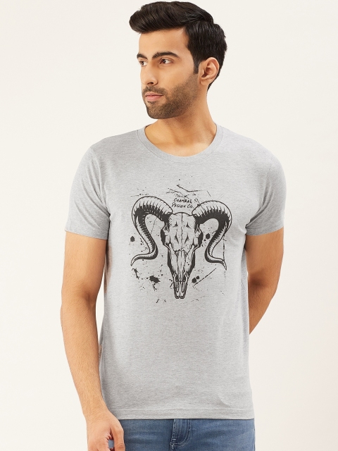 

THE CHAMBAL Men Grey Melange & Black Printed Round Neck T-shirt