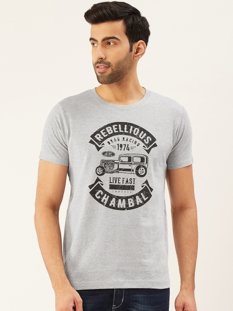 

THE CHAMBAL Men Grey Melange & Black Printed Round Neck T-shirt