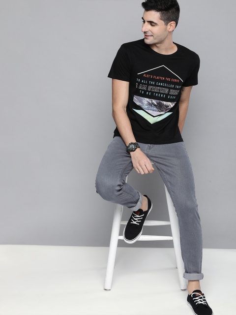 

HERENOW Men Black Printed Round Neck Quarantine Pure Cotton T-shirt