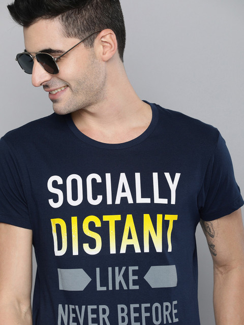 

HERE&NOW Men Navy Blue Social Distancing Printed Round Neck T-shirt