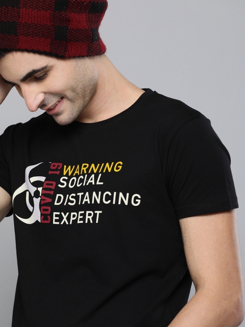 

HERENOW Men Black Covid Printed Round Neck Pure Cotton T-shirt
