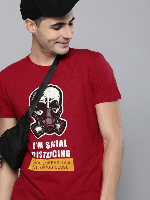 

HERENOW Men Red Social Distancing Print Round Neck Pure Cotton T-shirt