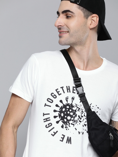 

HERENOW Men White Printed Round Neck Pure Cotton T-shirt
