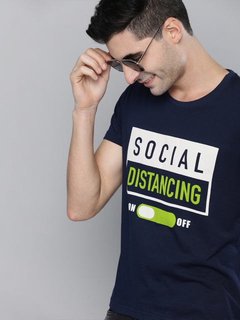 

HERENOW Men Navy Blue Social Distancing Printed Round Neck Pure Cotton T-shirt