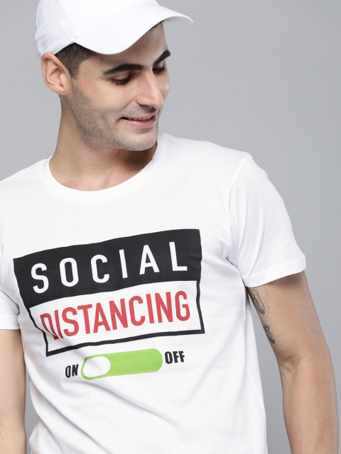 

HERE&NOW Men White Social Distancing Printed Round Neck T-shirt