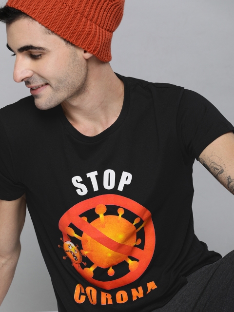 

HERE&NOW Men Black Covid -19 Printed Round Neck T-shirt