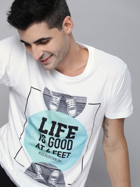 

HERE&NOW Men White Social Distancing Printed Round Neck T-shirt