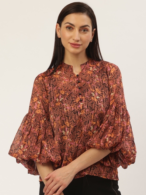 

Antheaa Women Rust Brown & Black Floral Printed Top