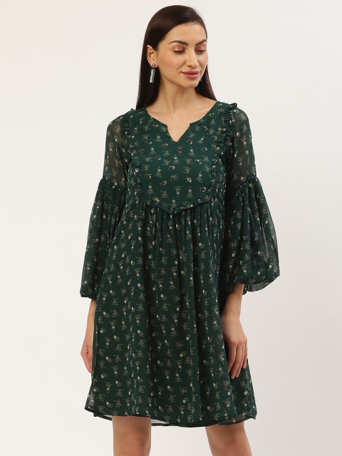 

Antheaa Women Green & Off-White Floral Printed A-Line Dress