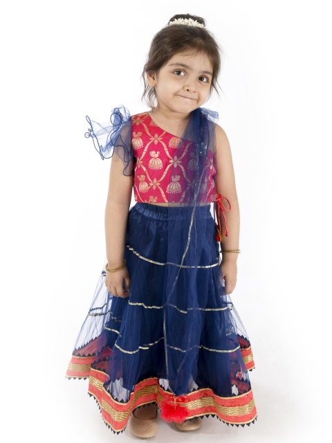 

pspeaches Girls Navy Blue & Pink Woven Design Ready to Wear Lehenga & Blouse with Dupatta