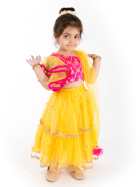 

pspeaches Girls Yellow & Pink Woven Design Ready to Wear Lehenga & Blouse with Dupatta