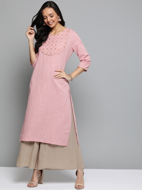 

HERE&NOW Women Pink & Golden Yoke Design Straight Kurta