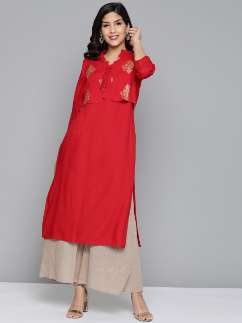 

HERE&NOW Women Red & Golden Solid Straight Kurta With Ethnic Jacket