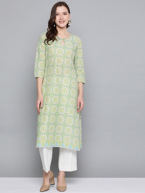 

HERE&NOW Women Grey & Green Ethnic Printed Straight Kurta