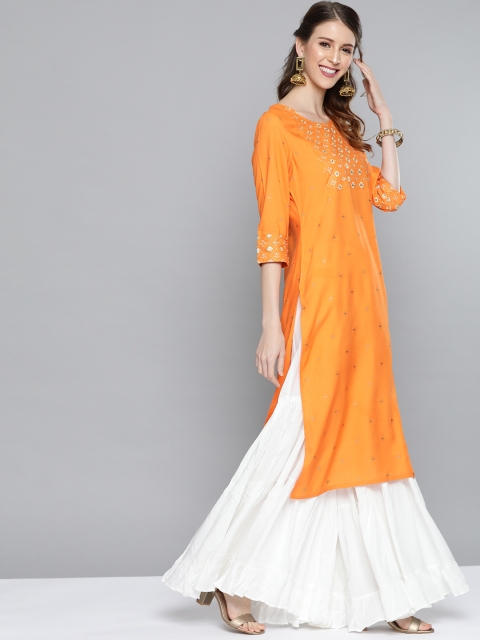 

HERE&NOW Women Orange & Golden Printed Straight Kurta