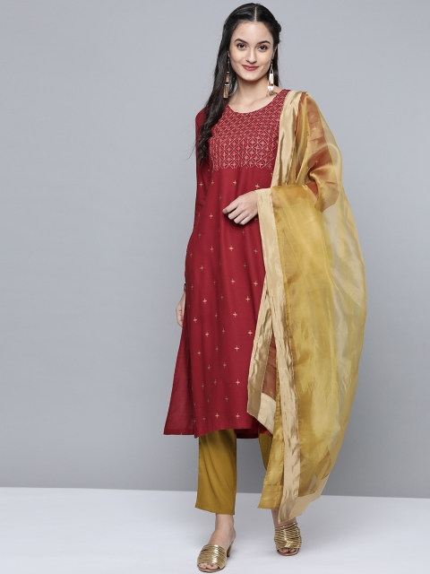 

HERE&NOW Women Maroon & Olive Brown Printed Kurta with Trousers & Dupatta