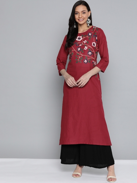 

HERE&NOW Women Maroon & Pink Yoke Design Straight Kurta