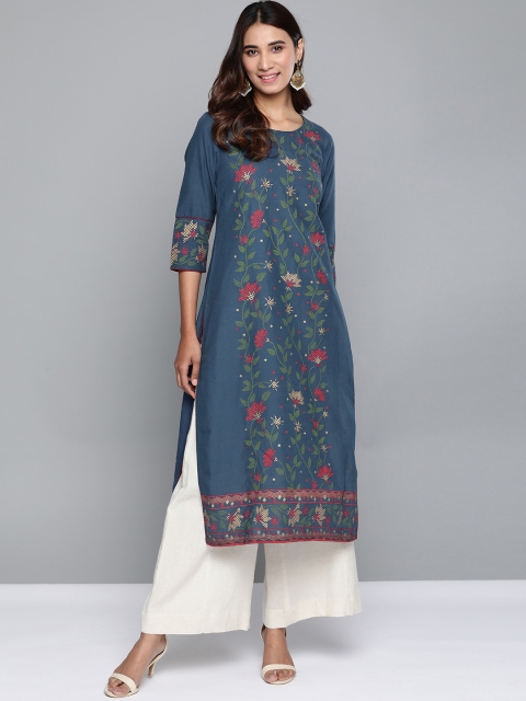 

HERE&NOW Women Navy Blue & Red Printed Straight Kurta