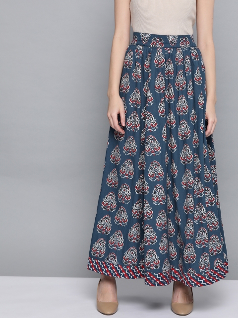 

HERE&NOW Women Navy Blue & Maroon Printed Flared Maxi Pure Cotton Skirt