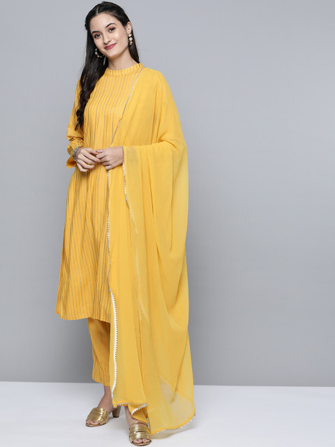 

HERE&NOW Women Yellow & Golden Striped Kurta with Trousers & Dupatta