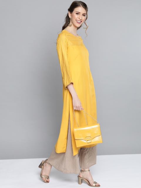 

HERE&NOW Women Yellow Yoke Design Straight Kurta