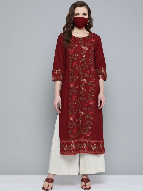 

HERE&NOW Women Maroon & Green Printed Pure Cotton Straight Kurta & Mask