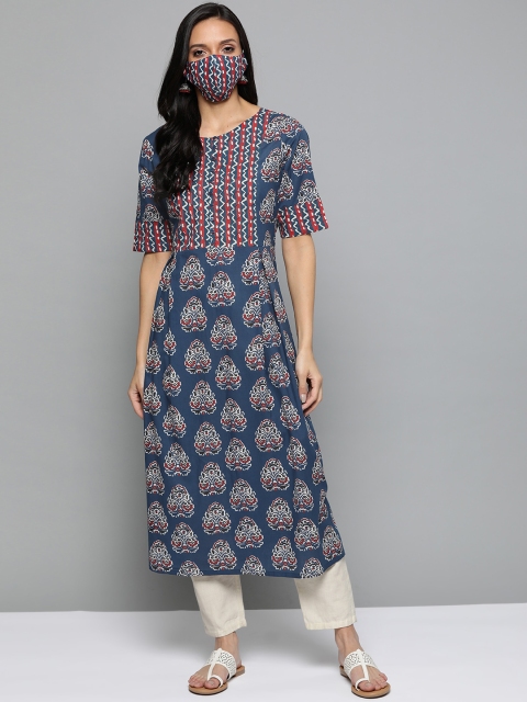 

HERE&NOW Women Navy Blue White Ethnic Printed A-Line Kurta