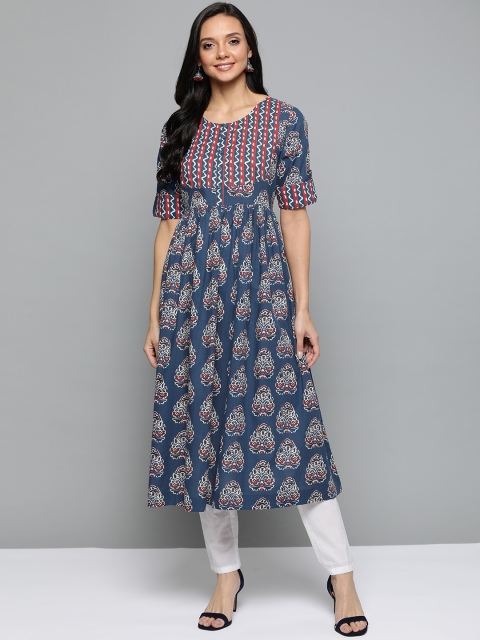 

HERE&NOW Women Navy Blue & White Ethnic Printed A-Line Kurta