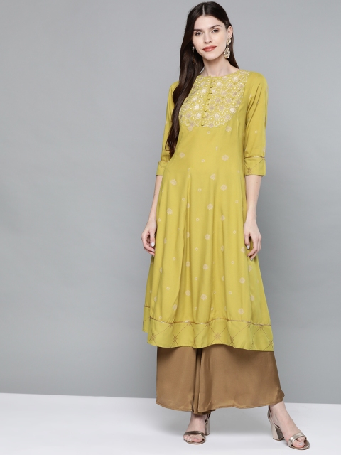 

HERE&NOW Women Lime Green & Golden Printed A-Line Kurta