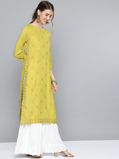 

HERE&NOW Women Lime Green & Golden Printed Straight Kurta