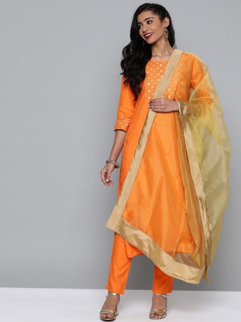 

HERE&NOW Women Orange & Golden Embroidered Printed Kurta with Trousers & Dupatta