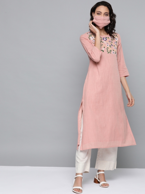 

HERE&NOW Women Pink Floral Yoke Design Cotton Straight Kurta & Mask