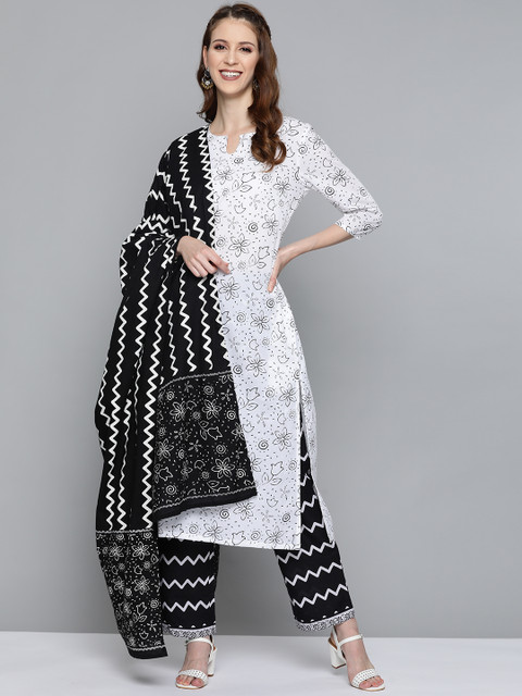 

HERE&NOW Women White & Black Printed Kurta with Trousers & Dupatta