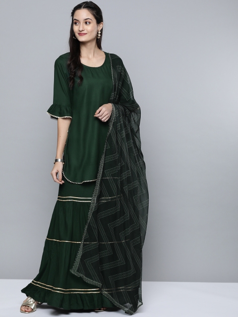 

HERE&NOW Women Green Solid Kurti with Sharara & Dupatta