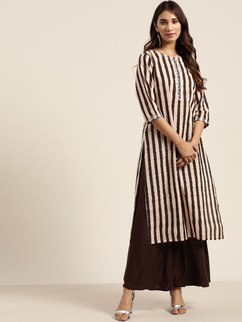 

Moda Rapido Women Coffee Brown & Beige Striped Straight Kurta with