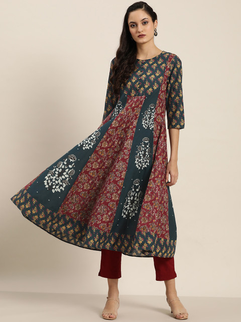 

Moda Rapido Women Teal Blue & Maroon Pure Cotton Printed Anarkali Kurta