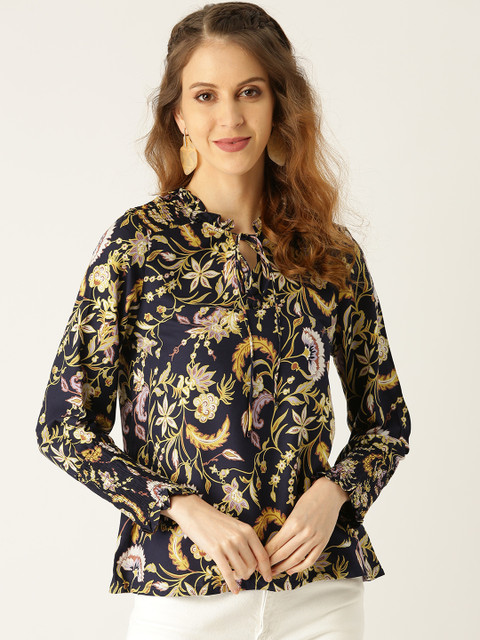 

Moda Rapido Women Navy Blue & Yellow Floral Print Top