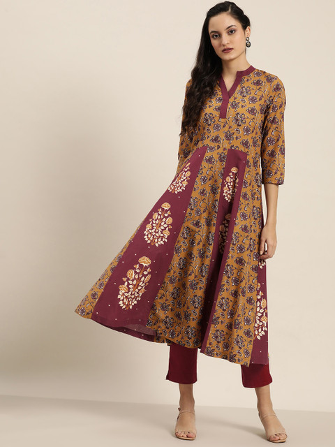 

Moda Rapido Women Mustard Yellow & Maroon Pure Cotton Printed Anarkali Kurta