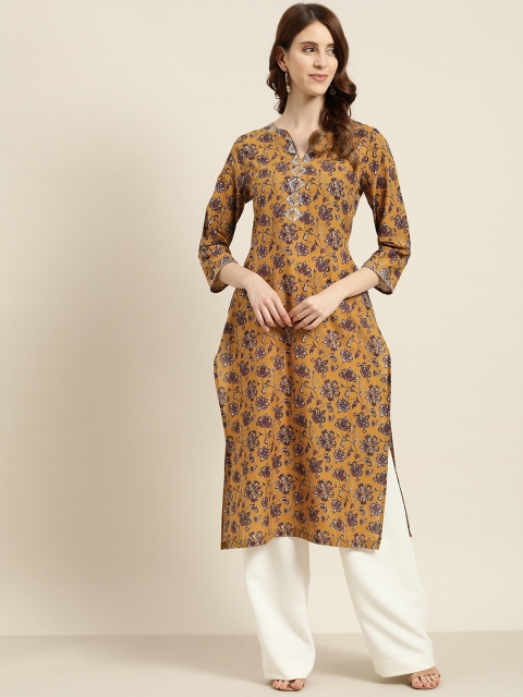 

Moda Rapido Women Mustard Brown & Purple Pure Cotton Printed Straight Kurta