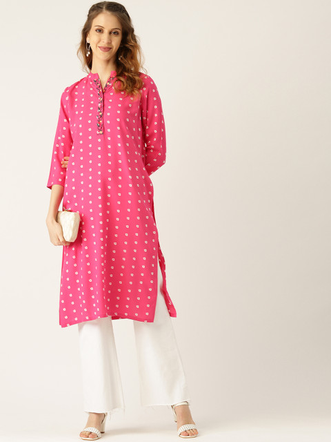 

Moda Rapido Women Pink & White Bandhani Printed Straight Kurta