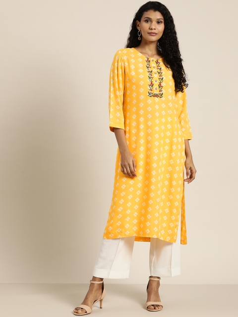 

Moda Rapido Women Yellow & White Geometric Print Straight Kurta