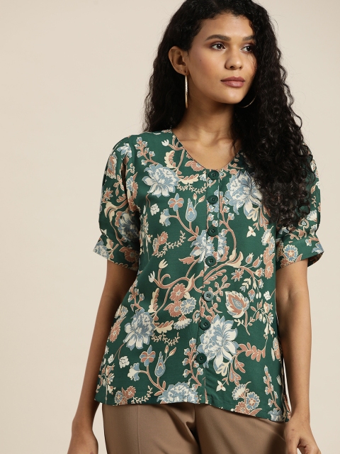 

Moda Rapido Women Green & White Ethnic Motif Print Shirt Style Top