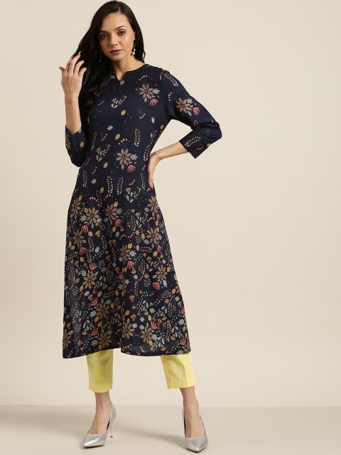 

Moda Rapido Women Navy Blue & Yellow Printed A-Line Kurta