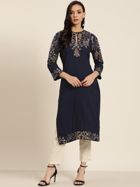 

Moda Rapido Women Navy Blue & Yellow Floral Print Straight Kurta